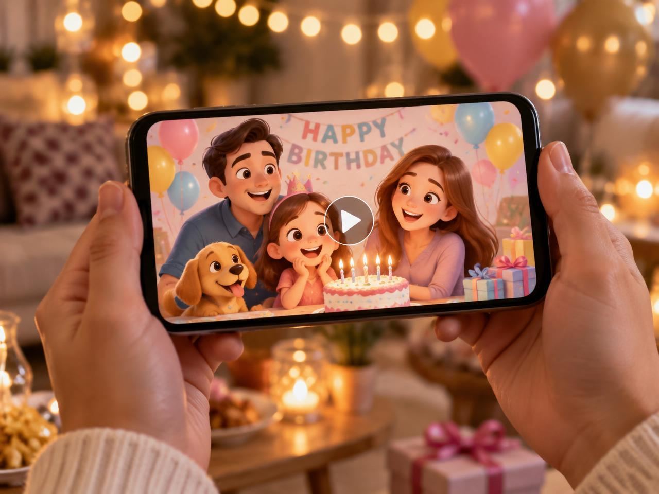 Cartoon family celebrating a birthday on a phone screen, playing like a video