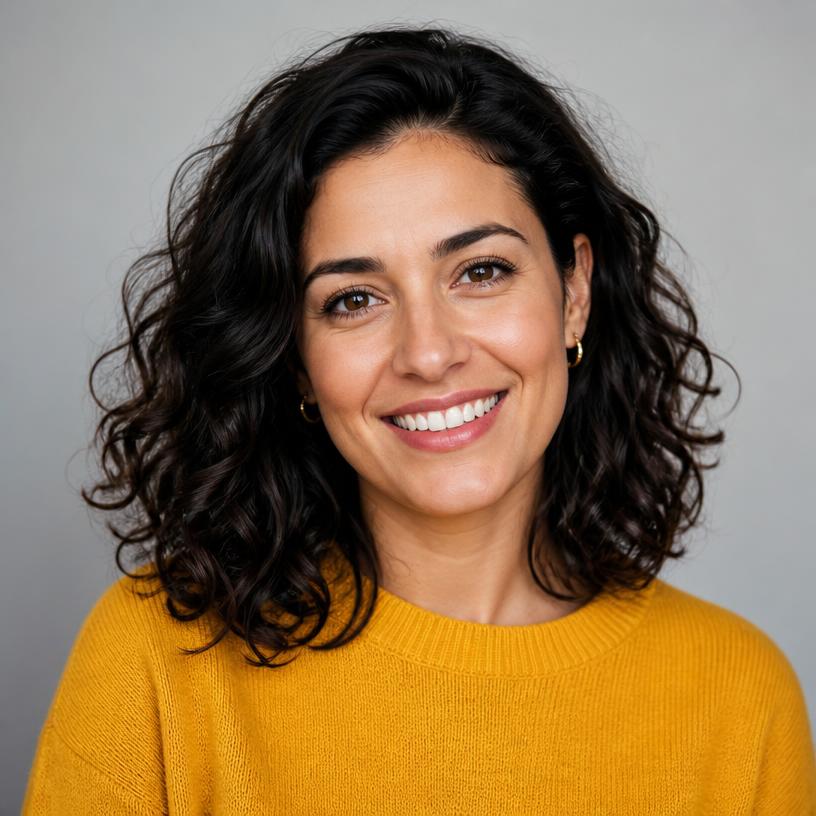 Photo of a smiling woman before the cartoon transformation